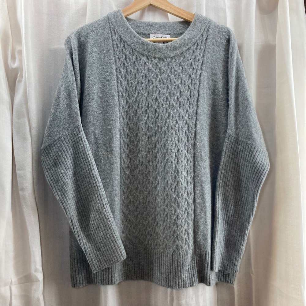Calvin Klein Women Cable Knit‎ Crew Neck Sweater Gray Size M